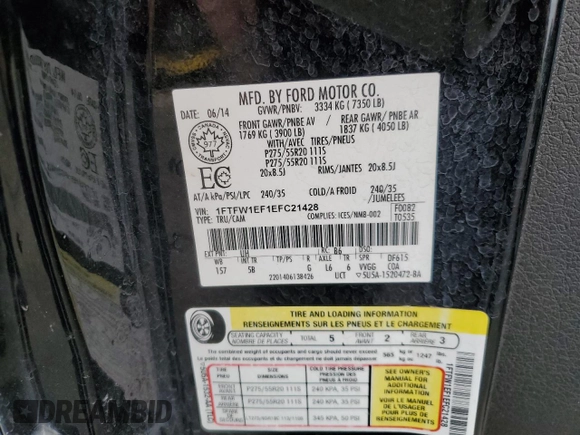 2014 Ford F-150 XL with VIN 1FTFW1EF1EFC21428, listed as a Copart auction lot 62192815 with 171,620 mi miles and Salvage title. Bid and sale history available at DreamBid. Image 12.