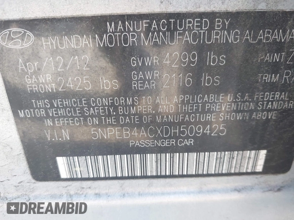 2013 Hyundai Sonata GLS with VIN 5NPEB4ACXDH509425, listed as a IAAI auction lot 42052986 with 143,712 mi miles and . Bid and sale history available at carsss.com. Image 9.