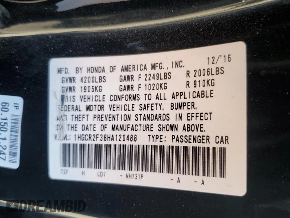 2017 Honda Accord LX with VIN 1HGCR2F38HA120488, listed as a Copart auction lot 80305004 with 144,956 mi miles and Salvage Title. Bid and sale history available at carsss.com. Image 13.