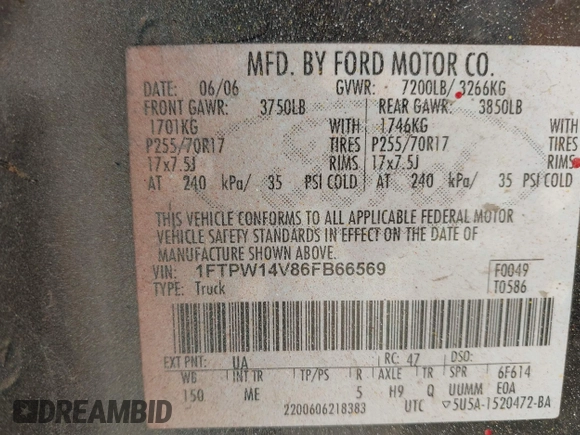 2006 Ford F-150 XLT с VIN 1FTPW14V86FB66569, выставлен на аукционе IAAI как лот 42554627 с пробегом Не указан миль и . История ставок и продаж доступна на DreamBid. Изображение 9.