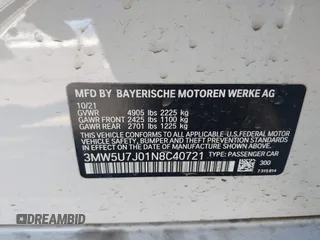 2022 BMW 3 Series M340i with VIN 3MW5U7J01N8C40721, listed as a IAAI auction lot 41651842 with 31,756 mi miles. Bid and sale history available at carsss.com. Image 9.
