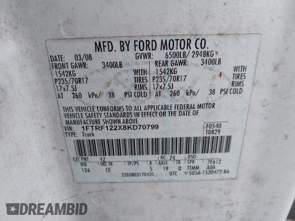 2008 Ford F-150 XL with VIN 1FTRF122X8KD70799, listed as a IAAI auction lot 41623379 with 170,535 mi miles. Bid and sale history available at carsss.com. Image 9.