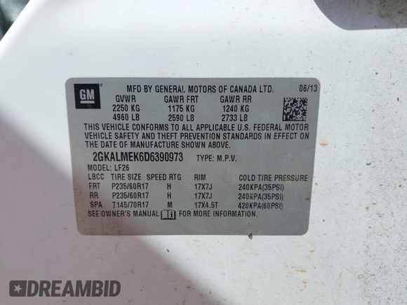 2013 GMC Terrain SLE with VIN 2GKALMEK6D6390973, listed as a IAAI auction lot 40496878 with 105,995 mi miles and . Bid and sale history available at DreamBid. Image 9.