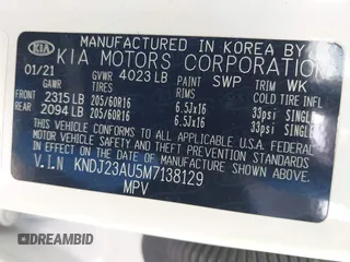 2021 Kia Soul S with VIN KNDJ23AU5M7138129, listed as a IAAI auction lot 41423470 with 106,653 mi miles and . Bid and sale history available at DreamBid. Image 9.