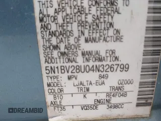 2004 Nissan Quest SE z VIN 5N1BV28U04N326799, wystawiony jako IAAI lot #42103475 z przebiegiem Nie podano mil oraz . Historia ofert i sprzedaży dostępna na DreamBid. Obrazek 9.
