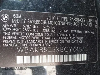 2011 BMW 7 Series 750Li с VIN WBAKB8C5XBCY64531, выставлен на аукционе IAAI как лот 42350009 с пробегом 113 893 миль миль и . История ставок и продаж доступна на DreamBid. Изображение 9.