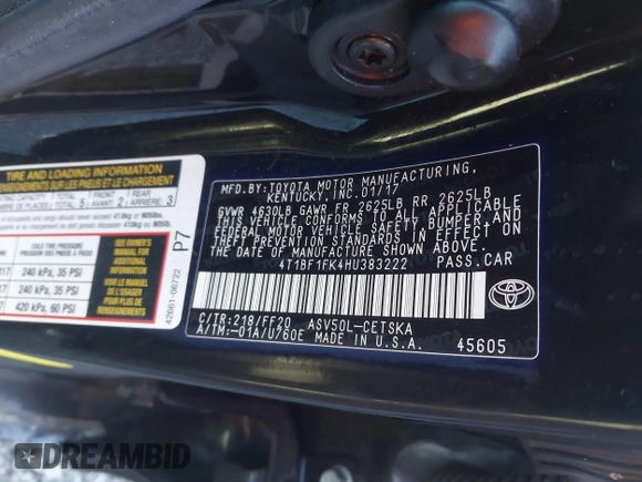 2017 Toyota Camry XLE z VIN 4T1BF1FK4HU383222, wystawiony jako IAAI lot #41490039 z przebiegiem 95 241 mil mil oraz . Historia ofert i sprzedaży dostępna na DreamBid. Obrazek 9.
