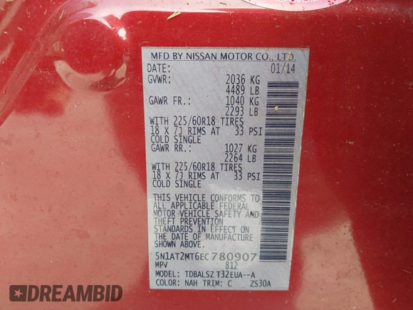 2014 Nissan Rogue SV with VIN 5N1AT2MT6EC780907, listed as a IAAI auction lot 41884181 with Not Provided miles and . Bid and sale history available at carsss.com. Image 9.