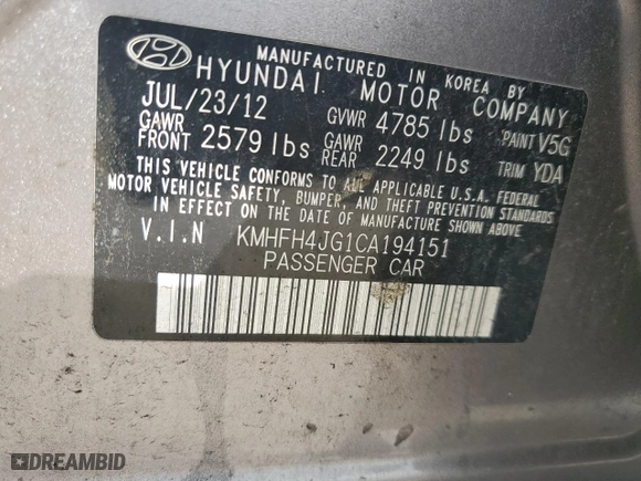 2012 Hyundai Azera with VIN KMHFH4JG1CA194151, listed as a Copart auction lot 72110094 with 98,178 mi miles and Salvage Title. Bid and sale history available at carsss.com. Image 14.