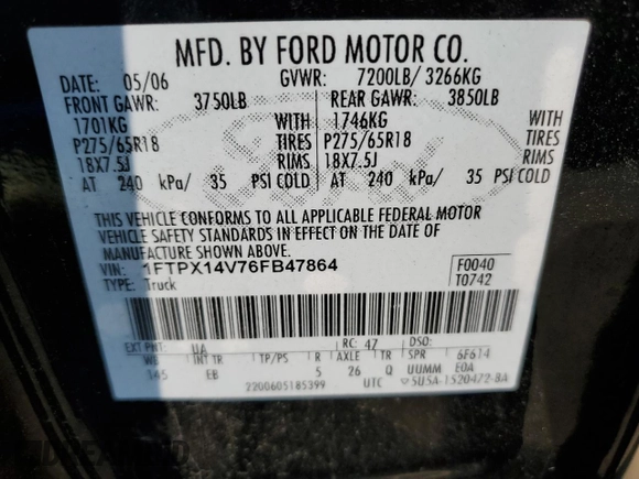 2006 Ford F-150 XLT with VIN 1FTPX14V76FB47864, listed as a Copart auction lot 60227005 with 185,824 mi miles and Salvage title. Bid and sale history available at DreamBid. Image 13.