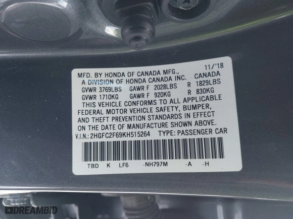 2019 Honda Civic Sedan LX with VIN 2HGFC2F69KH515264, listed as a IAAI auction lot 41727578 with 51,242 mi miles. Bid and sale history available at carsss.com. Image 9.