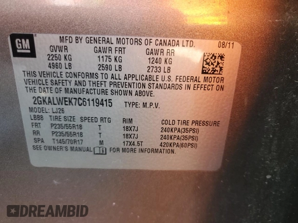 2012 GMC Terrain SLT-2 z VIN 2GKALWEK7C6119415, wystawiony jako Copart lot #60982855 z przebiegiem 78 298 mil mil oraz Szkoda całkowita • Salvage title. Historia ofert i sprzedaży dostępna na DreamBid. Obrazek 13.