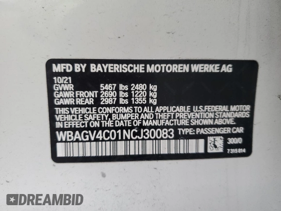 2022 BMW 8 Series 840i with VIN WBAGV4C01NCJ30083, listed as a Copart auction lot 81356084 with 61,868 mi miles and Salvage title. Bid and sale history available at DreamBid. Image 13.