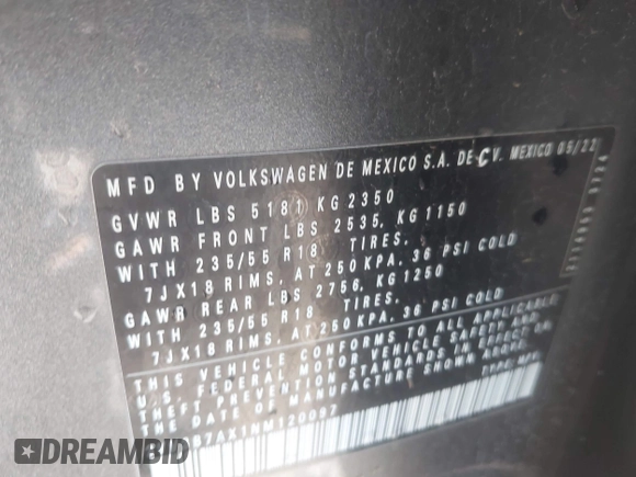 2022 Volkswagen Tiguan SE with VIN 3VV3B7AX1NM120097, listed as a IAAI auction lot 41967493 with 57,802 mi miles and . Bid and sale history available at DreamBid. Image 9.