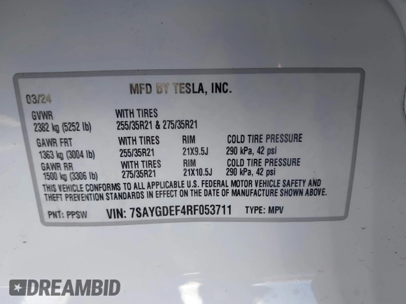 2024 Tesla Model Y Performance with VIN 7SAYGDEF4RF053711, listed as a IAAI auction lot 41836931 with 12,442 mi miles and . Bid and sale history available at DreamBid. Image 9.