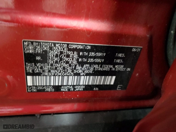 2021 Toyota RAV4 Prime XSE with VIN JTMEB3FV0MD049475, listed as a Copart auction lot 85872374 with 52,750 mi miles and Salvage Title. Bid and sale history available at carsss.com. Image 15.
