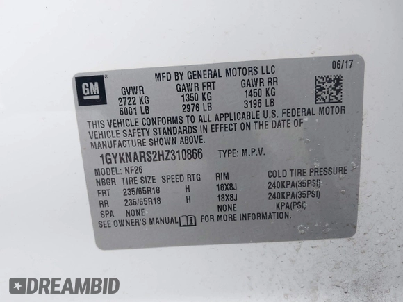 2017 Cadillac XT5 FWD with VIN 1GYKNARS2HZ310866, listed as a IAAI auction lot 41865458 with 70,375 mi miles. Bid and sale history available at carsss.com. Image 9.