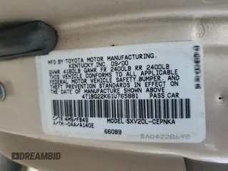 2001 Toyota Camry CE z VIN 4T1BG22K61U765881, wystawiony jako Copart lot #56186975 z przebiegiem 159 817 mil mil oraz Czysty tytuł • Clean title. Historia ofert i sprzedaży dostępna na DreamBid. Obrazek 12.