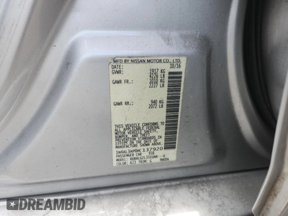 2017 Nissan Altima SV with VIN 1N4AL3AP0HC137920, listed as a Copart auction lot 60939895 with 133,782 mi miles and Clean title. Bid and sale history available at DreamBid. Image 12.