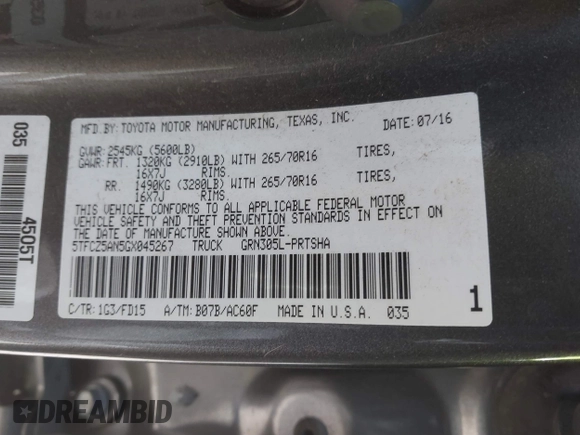 2016 Toyota Tacoma SR with VIN 5TFCZ5AN5GX045267, listed as a IAAI auction lot 41151555 with 162,882 mi miles. Bid and sale history available at carsss.com. Image 9.