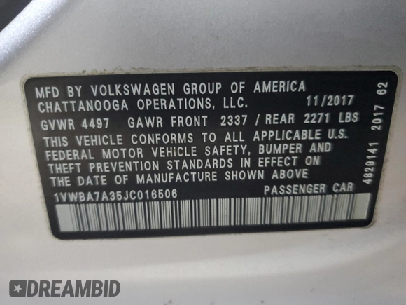 2018 Volkswagen Passat SE with VIN 1VWBA7A35JC016506, listed as a Copart auction lot 61044895 with 95,168 mi miles and Salvage title. Bid and sale history available at DreamBid. Image 13.