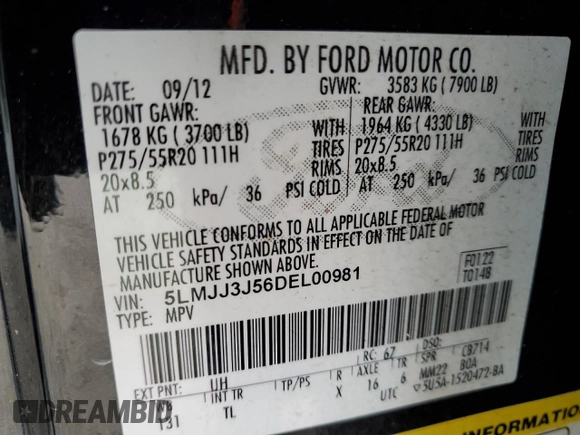 2013 Lincoln Navigator z VIN 5LMJJ3J56DEL00981, wystawiony jako Copart lot #84135504 z przebiegiem 143 193 mil mil oraz Szkoda całkowita • Salvage title. Historia ofert i sprzedaży dostępna na DreamBid. Obrazek 13.