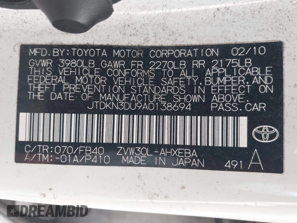 2010 Toyota Prius II z VIN JTDKN3DU9A0138694, wystawiony jako IAAI lot #41934061 z przebiegiem 58 839 mil mil oraz . Historia ofert i sprzedaży dostępna na DreamBid. Obrazek 9.