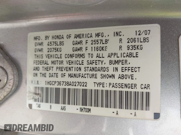 2008 Honda Accord EX with VIN 1HGCP36738A027022, listed as a IAAI auction lot 42159370 with 186,814 mi miles and . Bid and sale history available at DreamBid. Image 9.