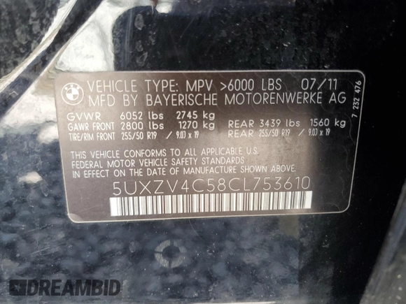 2012 BMW X5 35i with VIN 5UXZV4C58CL753610, listed as a Copart auction lot 53920475 with 145,483 mi miles and Clean title. Bid and sale history available at DreamBid. Image 13.