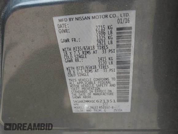 2016 Nissan Pathfinder S with VIN 5N1AR2MMXGC621351, listed as a IAAI auction lot 42612560 with 226,622 mi miles and . Bid and sale history available at DreamBid. Image 9.