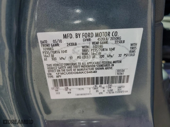 2010 Ford Escape XLT with VIN 1FMCU0DG9AKC94640, listed as a Copart auction lot 49005645 with 101,293 mi miles and Salvage Title. Bid and sale history available at carsss.com. Image 12.