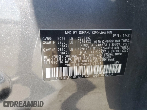 2022 Subaru Outback Limited XT with VIN 4S4BTGND3N3171444, listed as a Copart auction lot 51119315 with Not provided miles and Salvage title. Bid and sale history available at DreamBid. Image 13.