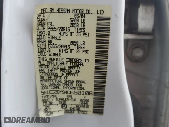 2004 Nissan Xterra XE z VIN 5N1ED28Y94C650106, wystawiony jako Copart lot #86811994 z przebiegiem 89 454 mil mil oraz Szkody całkowita. Historia ofert i sprzedaży dostępna na DreamBid. Obrazek 13.