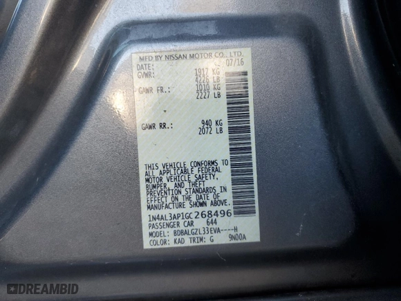 2016 Nissan Altima 2.5 S with VIN 1N4AL3AP1GC268496, listed as a Copart auction lot 80374934 with 179,729 mi miles and Non Repairable. Bid and sale history available at carsss.com. Image 12.
