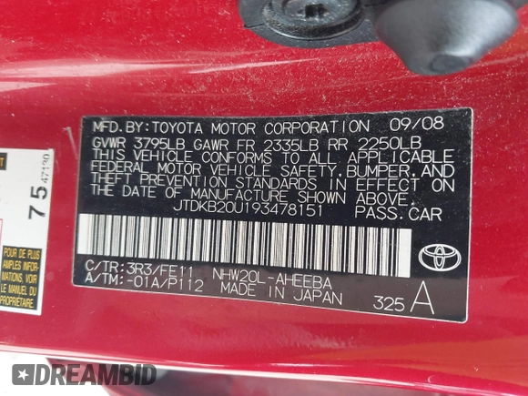 2009 Toyota Prius with VIN JTDKB20U193478151, listed as a IAAI auction lot 42180244 with 203,290 mi miles and . Bid and sale history available at DreamBid. Image 9.