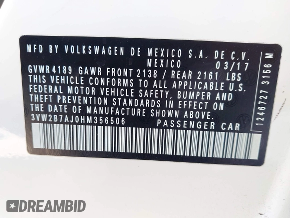 2017 Volkswagen Jetta S with VIN 3VW2B7AJ0HM356506, listed as a IAAI auction lot 42687156 with 96,962 mi miles and . Bid and sale history available at DreamBid. Image 9.
