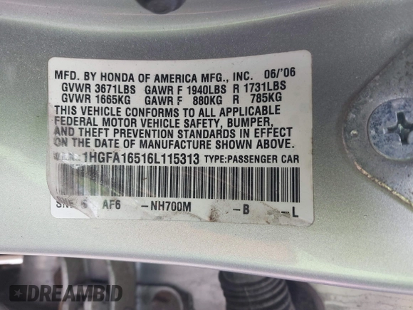 2006 Honda Civic LX with VIN 1HGFA16516L115313, listed as a IAAI auction lot 42018073 with 193,621 mi miles and . Bid and sale history available at DreamBid. Image 9.