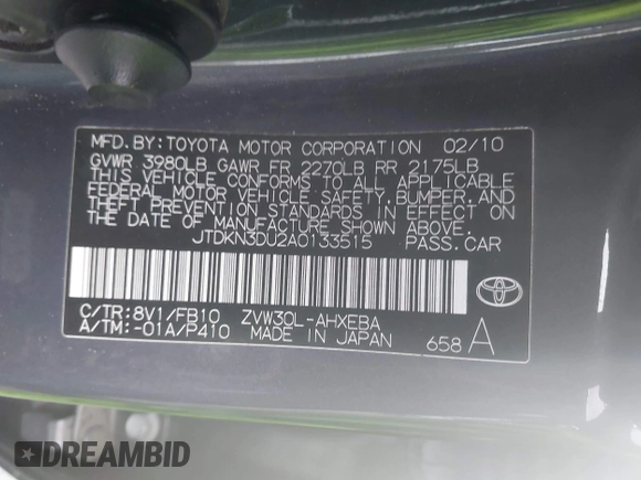 2010 Toyota Prius II with VIN JTDKN3DU2A0133515, listed as a IAAI auction lot 41777652 with 157,711 mi miles. Bid and sale history available at carsss.com. Image 9.