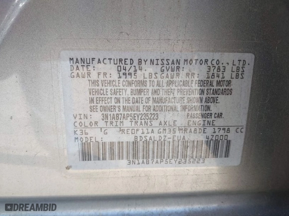2014 Nissan Sentra S with VIN 3N1AB7AP5EY235223, listed as a IAAI auction lot 41710589 with 227,520 mi miles. Bid and sale history available at carsss.com. Image 9.
