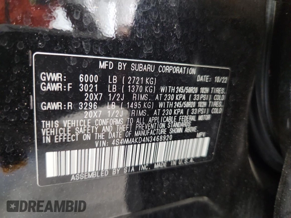 2022 Subaru Ascent Limited with VIN 4S4WMAKD4N3468920, listed as a Copart auction lot 62883335 with 83,090 mi miles and Clean title. Bid and sale history available at DreamBid. Image 13.