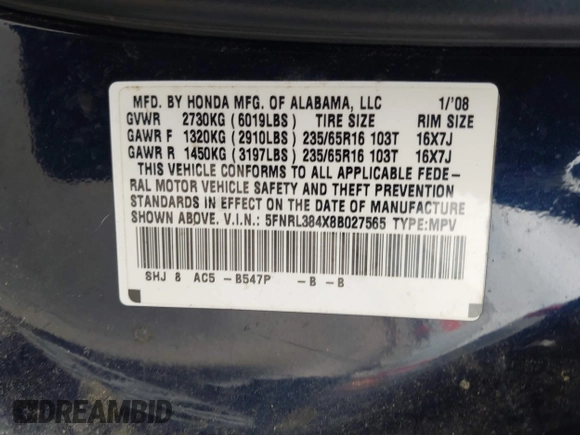2008 Honda Odyssey EX with VIN 5FNRL384X8B027565, listed as a IAAI auction lot 41529839 with 224,332 mi miles and . Bid and sale history available at DreamBid. Image 9.