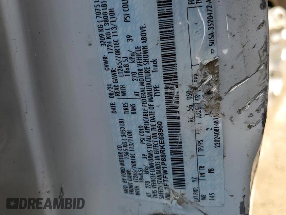 2024 Ford F-150 with VIN 1FTFW1P88RKE68960, listed as a Copart auction lot 54633825 with Not provided miles and Non repairable. Bid and sale history available at DreamBid. Image 12.