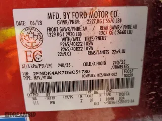 2013 Ford Edge Sport with VIN 2FMDK4AK7DBC51780, listed as a Copart auction lot 53848825 with 215,385 mi miles and Salvage Title. Bid and sale history available at carsss.com. Image 13.