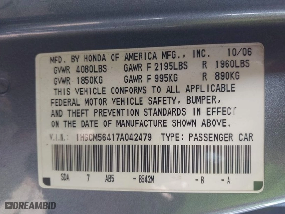 2007 Honda Accord Sdn LX with VIN 1HGCM56417A042479, listed as a IAAI auction lot 41748710 with 178907 miles. Bid and sale history available at carsss.com. Image 9.