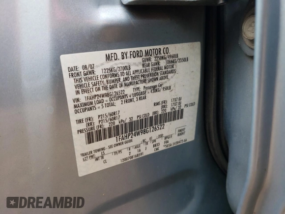 2008 Ford Taurus SEL with VIN 1FAHP24W98G126522, listed as a Copart auction lot 69154734 with 0 mi miles and Salvage Title. Bid and sale history available at carsss.com. Image 12.