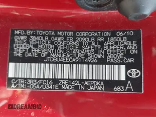 2010 Toyota Corolla with VIN JTDBU4EE0A9114926, listed as a IAAI auction lot 42094089 with 174,515 mi miles and . Bid and sale history available at DreamBid. Image 9.