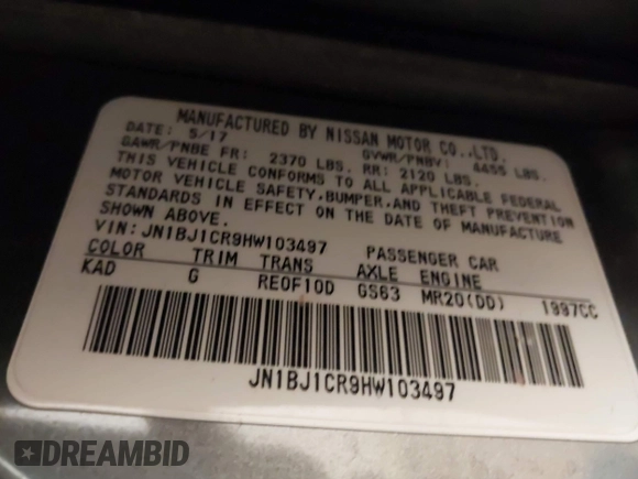 2017 Nissan Rogue Sport SL with VIN JN1BJ1CR9HW103497, listed as a IAAI auction lot 40783924 with 93,217 mi miles. Bid and sale history available at carsss.com. Image 9.