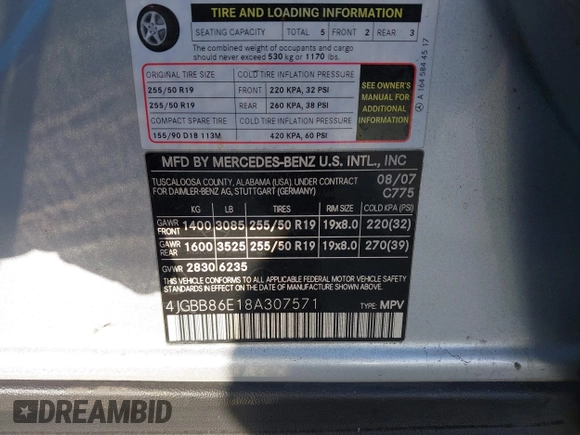 2008 Mercedes-Benz M 350 with VIN 4JGBB86E18A307571, listed as a IAAI auction lot 42692533 with 162,921 mi miles and . Bid and sale history available at DreamBid. Image 9.
