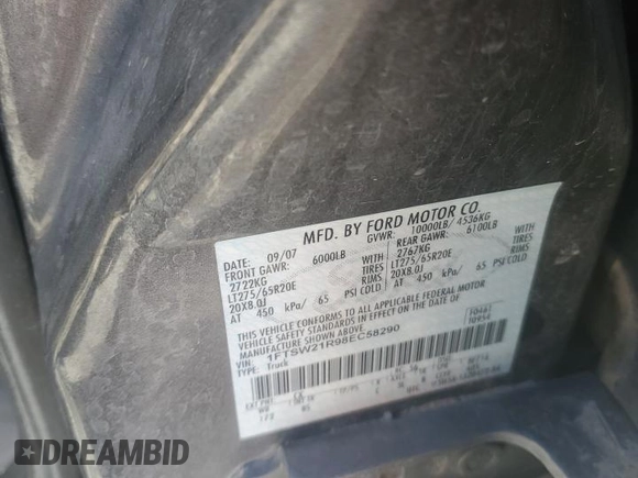 2008 Ford F-250 XL с VIN 1FTSW21R98EC58290, выставлен на аукционе Copart как лот 42541425 с пробегом 164 030 миль миль и Списание • Salvage title. История ставок и продаж доступна на DreamBid. Изображение 12.