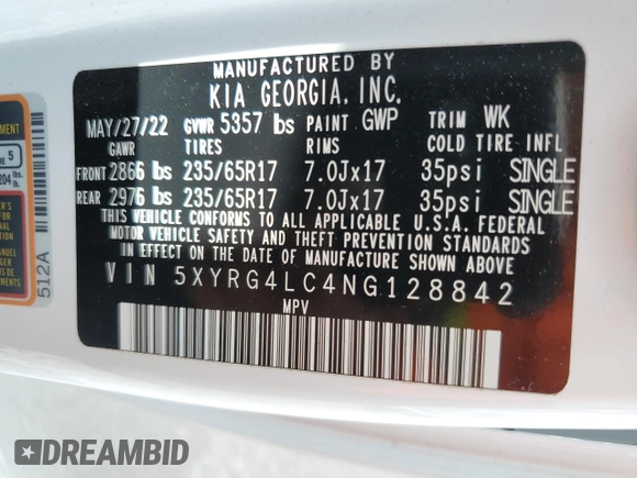 2022 Kia Sorento LX with VIN 5XYRG4LC4NG128842, listed as a Copart auction lot 60874745 with 12,775 mi miles and Salvage title. Bid and sale history available at DreamBid. Image 13.
